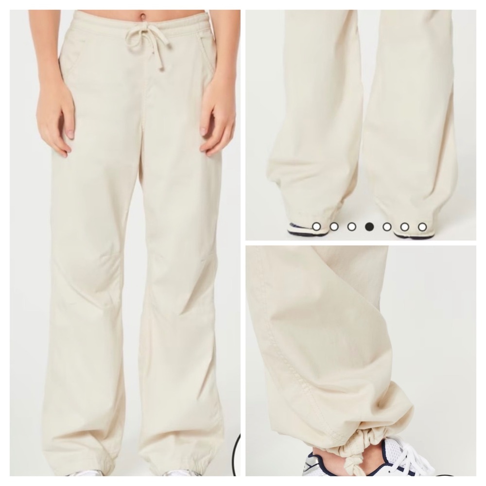Hollister Parachute Baggy Pants Women XS Cream Adjustable Rise Bungee Hem